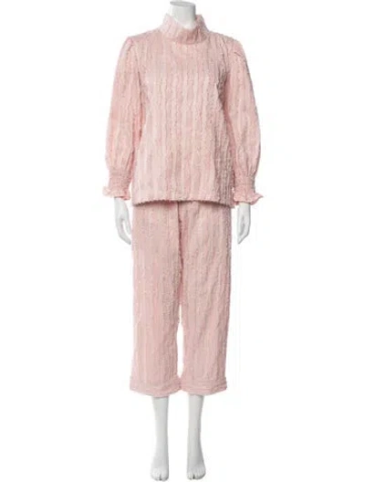 Pre-owned Buru Striped Raw-edge Trim Pant Set In Pink
