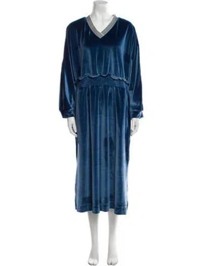 Pre-owned Buru V-neck Midi Length Dress In Blue