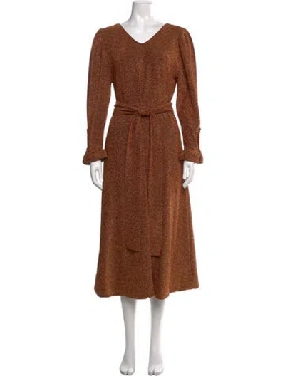 Pre-owned Buru V-neck Midi Length Dress In Brown