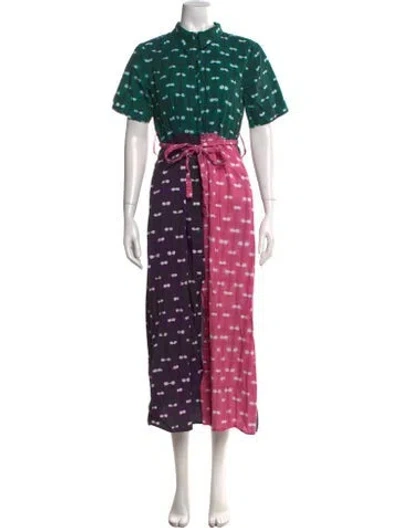 Pre-owned Busayo Printed Midi Length Dress In Green