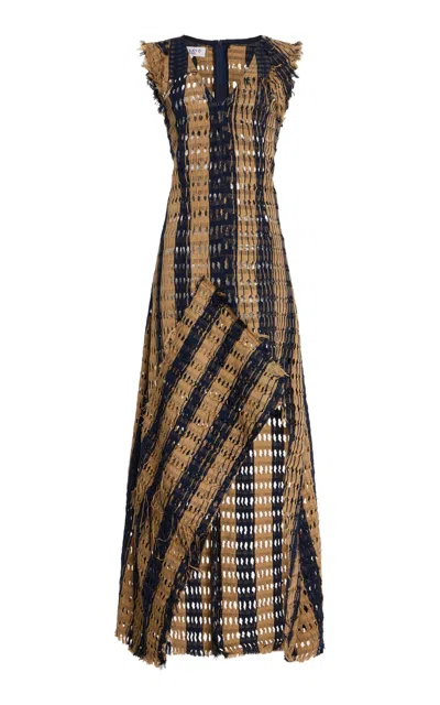 Busayo Temidire Openwork Striped Cotton Maxi Dress In Brown