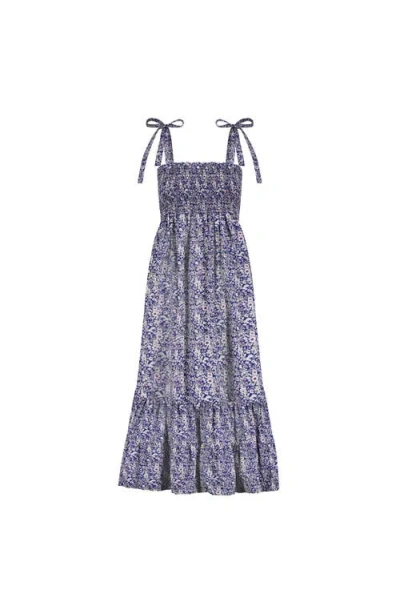 Busy Bees Smocked Shoulder Tie Maxi Dress Navy Floral