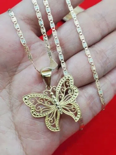 Pre-owned Butterfly 14k Gold  Pendant Charm 2 Mm Chain Necklace Set 20 Inches Long