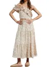 Buttermelon Abey Leaf Print One-shoulder Cropped Top & Maxi Skirt In Taupe In Gray