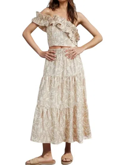 Buttermelon Abey Leaf Print One-shoulder Cropped Top & Maxi Skirt In Taupe In Beige