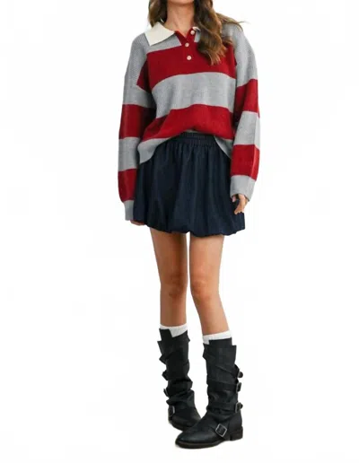 Buttermelon Buttoned Striped Collared Long Sleeve Top In Grey/burgundy In Green