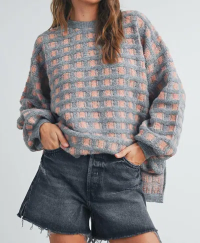 Buttermelon Checkered Oversized Sweater In Grey / Mauve In Gray