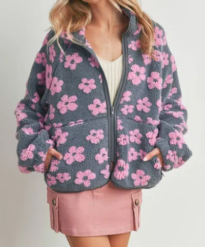 Buttermelon Daisy Fleece Sherpa Jacket In Grey / Pink