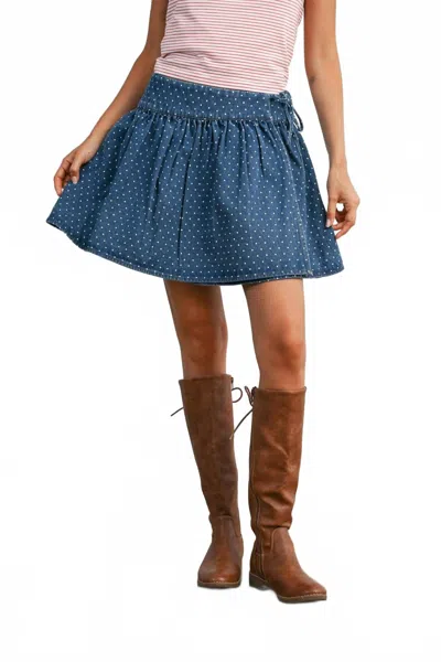 Buttermelon Dotted Swiss Gathered Mini Skirt In Denim In Multi