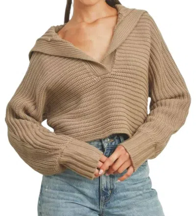 Buttermelon Drama Collar V Neck Sweater In Taupe In Gray