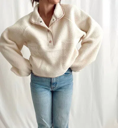 Buttermelon Fleece Button Front Side Pocket Long Sleeve Top In Ivory/pink In Multi
