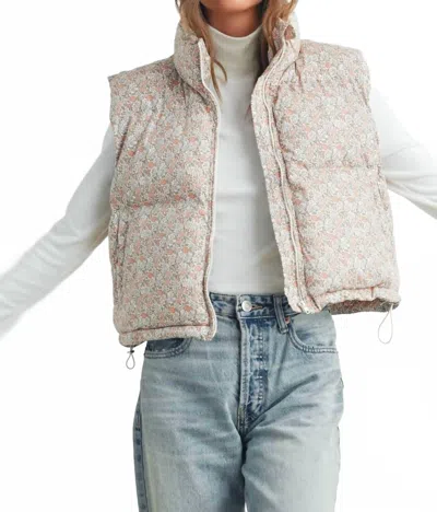 Buttermelon Floral High Neck Puffer Vest Top In Blush In Gold