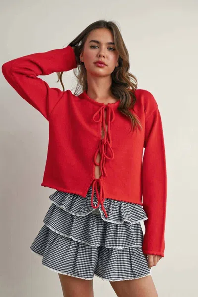 Buttermelon Hattie Front Tie Long Sleeve Sweater In Red