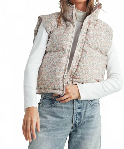 Buttermelon High Neck Floral Puffer Vest In Blush In Beige