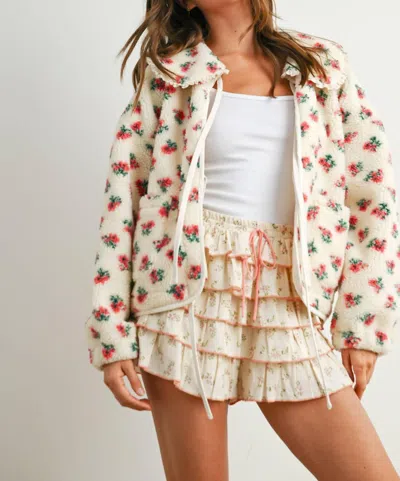 Buttermelon Holland Floral Tie-front Fleece Jacket Coquette Peter Pan Collar Cardigan In Ivory / Pink In Beige