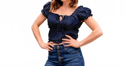 Buttermelon Polka Dot Ruched Drawstring Crop Top In Navy Multi