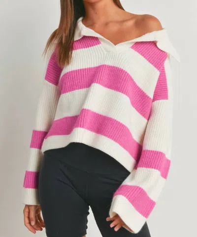 Buttermelon Stripe Drop Shoulder Wide Collar Sweater In Fuchsia