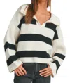 Buttermelon Stripe Drop Shoulder With Wide Collar Sweater In Ivory/black In Multi