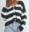 Buttermelon Striped V-neck Cardigan With Buttons In Black/ivory In Black