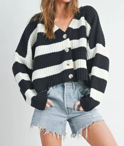 Buttermelon Striped V-neck Cardigan With Buttons In Black/ivory In Multi
