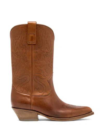 Buttero Embroidered Leather Boots In Brown