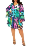 BUXOM COUTURE ANIMAL PRINT TIERED LONG SLEEVE SHIFT DRESS