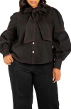 Buxom Couture Bow Neck Puff Shoulder Denim Shirt In Denim Black