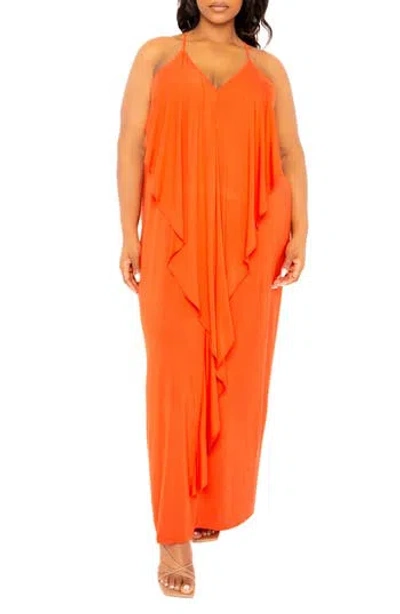 Buxom Couture Cascade Ruffle Racerback Maxi Dress In Brown