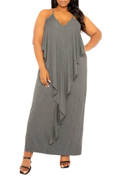 Buxom Couture Cascade Ruffle Racerback Maxi Dress In Charcoal Gray