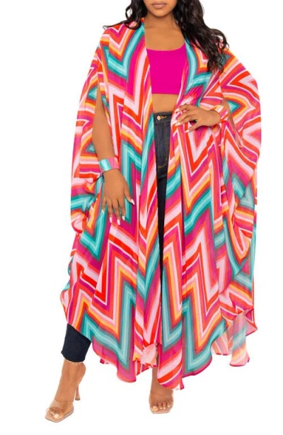 Buxom Couture Chevron Print Chiffon Robe With Wrist Bands In Pink