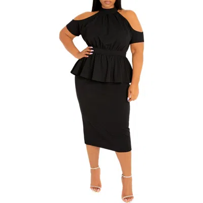 BUXOM COUTURE BUXOM COUTURE COLD SHOULDER PEPLUM MIDI DRESS