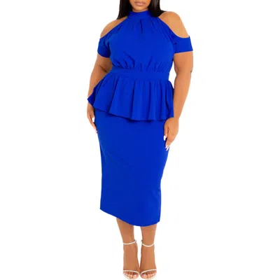 BUXOM COUTURE BUXOM COUTURE COLD SHOULDER PEPLUM MIDI DRESS