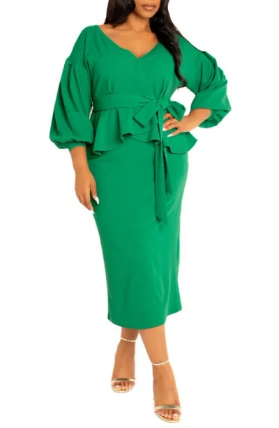 Buxom Couture Convertible Shoulder Belted Peplum Midi Dress In Green