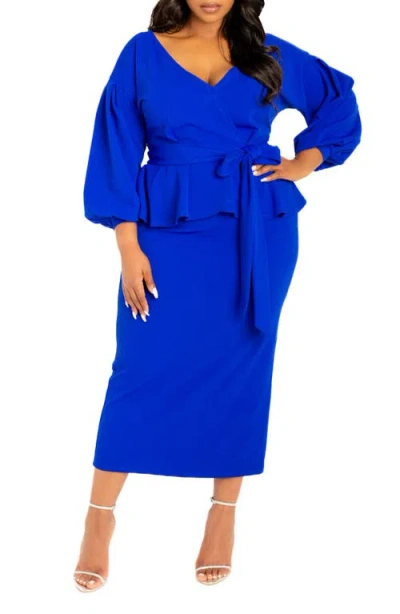 Buxom Couture Convertible Shoulder Belted Peplum Midi Dress In Royal Blue