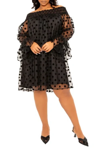 Buxom Couture Flock Dot Off The Shoulder Dress In Black