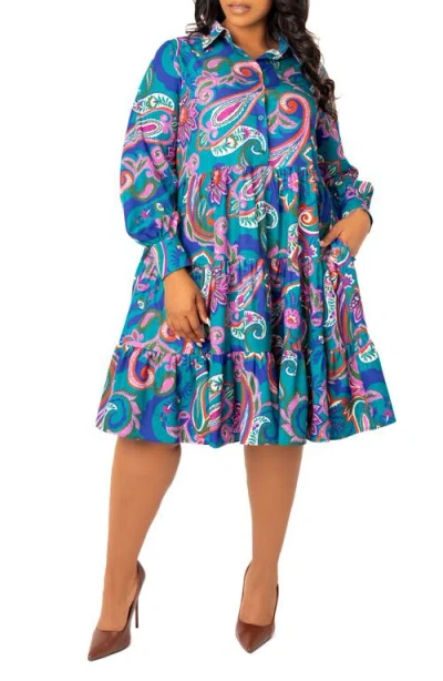 Buxom Couture Plus Size Floral Long Sleeve Tiered Shirt Dress In Teal Multi