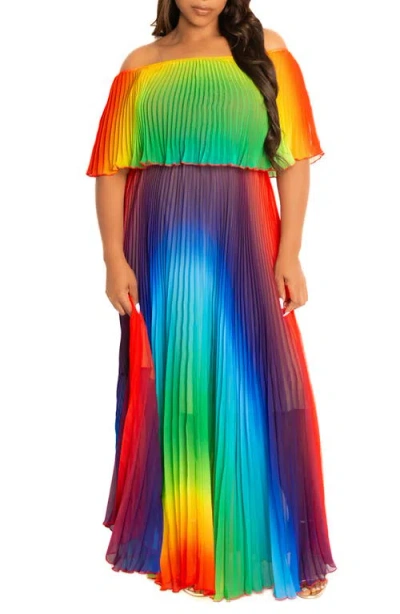 Buxom Couture Floral Pleated Off The Shoulder Maxi Dress In Multi