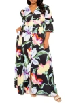 BUXOM COUTURE FLORAL PUFF SLEEVE MAXI DRESS