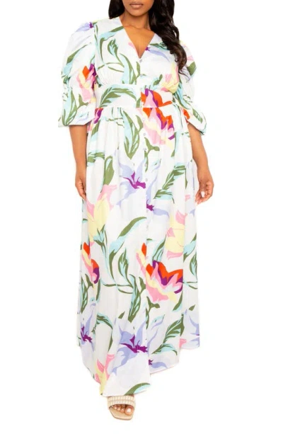 Buxom Couture Floral Puff Sleeve Maxi Dress In White Multi
