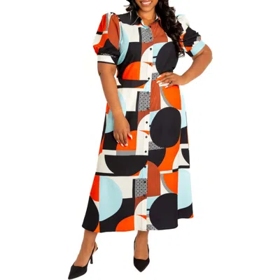 Buxom Couture Geometric Print Puff Sleeve Shirtdress In Multi