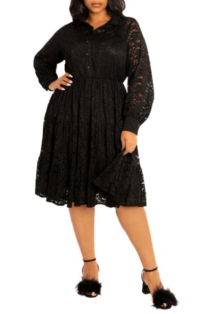 Buxom Couture Lace Long Sleeve Shirtdress In Black