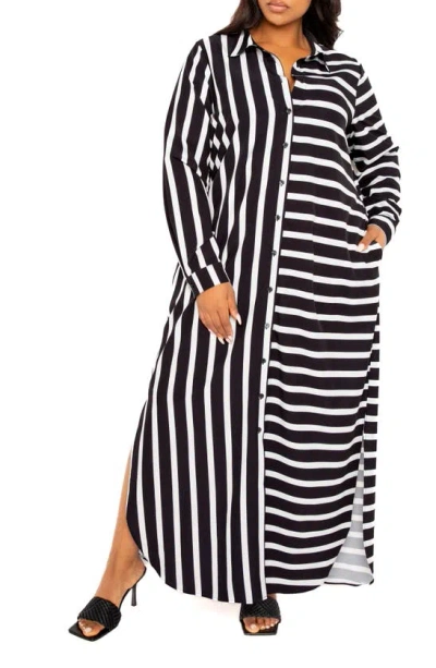 Buxom Couture Long Sleeve Button-up Maxi Shirtdress In Navy Stripe