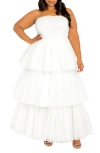 Buxom Couture Metallic Polka Dot Strapless Tiered Tulle Dress In White