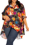 Buxom Couture Mixed Geo Print High-low Button-up Shirt In Black Multi