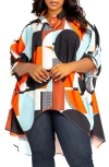 Buxom Couture Mixed Geo Print High-low Button-up Shirt In Multi