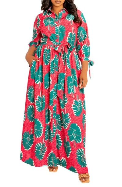 Buxom Couture Mixed Print Maxi Shirtdress In Pink