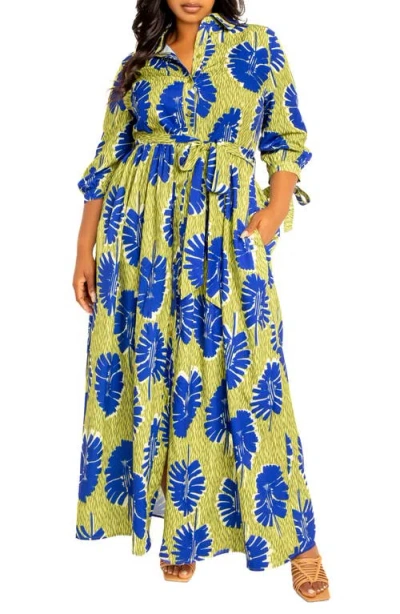 Buxom Couture Mixed Print Maxi Shirtdress In Blue