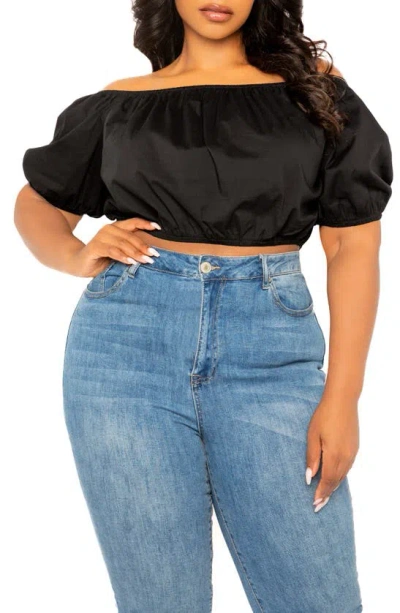 Buxom Couture Off The Shoulder Bow Back Crop Top In Black