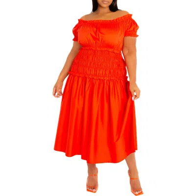 Buxom Couture Off The Shoulder Midi Dress In Orange