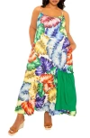 Buxom Couture Palm Print Blocked Maxi Sundress In Green Multi